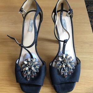 Prada satin fabric shoes with beautiful metal, pearl ruby embellished.